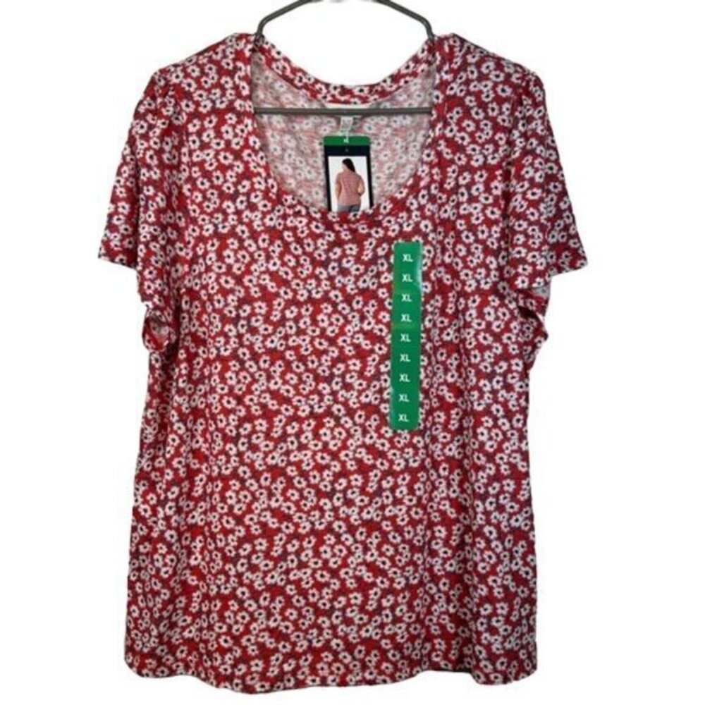 Lucky Brand Red White Floral Scoop Neck Shirt Blouse Size XL NWT #6565